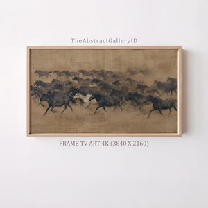 May include: A rectangular framed digital artwork featuring a herd of dark horses running across a textured tan background. The text TheAbstractGalleryID appears at the top, and FRAME TV ART 4K (3840 X 2160) is printed at the bottom.