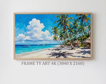 海岸フレームTVアート、ビンテージオーシャンビーチハウス絵画、サムスンフレームTVアート4K、コテージコアシー、サマートロピカルアートTV、デジタルダウンロード