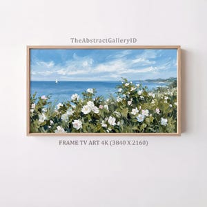 Küsten Wildblumen Feld Rahmen TV Kunst, Vintage Ocean Strand Haus Gemälde, Samsung Rahmen TV Art 4K, Cottagecore Meer, digitaler Download