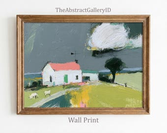 Moody Abstract Farmhouse Wall Art Printable | Rustic Impasto Oil Painting Stormy Landscape | Sage Green Cottagecore Barn Instant Download