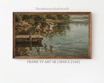 湖畔生活フレームTVアート｜桟橋から飛び降りるヴィンテージインパスト絵画｜湖畔の家コテージコアSamsungサマースクリーンセーバー即時ダウンロード