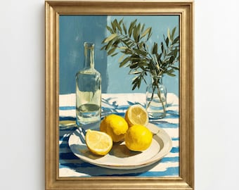 レモンの柑橘類の静物画ウォールアート（印刷可能）｜ヴィンテージ風地中海風ボタニカル油絵｜モダンでオーガニックなイタリアンスタイルの即時ダウンロード