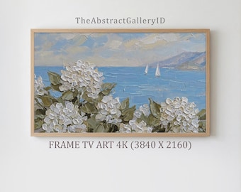 海岸の紫陽花フレームTVアート、厚塗りの帆船の海の絵画、海岸の祖母の装飾、サムスンTV 4K、夏のビーチスクリーンセーバーダウンロード