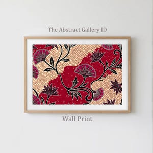 May include: Framed wall art featuring a floral pattern in red, cream, and black. The design includes stylized flowers and vines. The text "The Abstract Gallery ID" and "Wall Print" are visible.