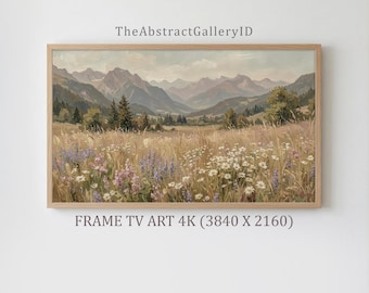 ワイルドフラワーメドウフレームTVアート｜インパスト技法による山岳風景花柄絵画｜ニュートラルなコテージコアデイジーラベンダーサムスンフレームTVダウンロード