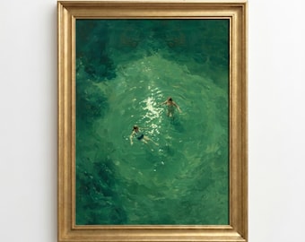 緑の抽象画で泳ぐ二人の水泳選手の具象絵画 ヴィンテージ レトロ ウォールアート | ミニマリスト フォレストグリーンの装飾 即時ダウンロード
