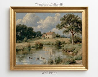 English Country Cottage with Ducks Wall Art Printable | Vintage Cottagecore Landscape Oil Painting | Rustic River Farmhouse Digital Download