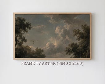 ニュートラルな風景フレームTVアート、アンティークスカイ油絵、ダークアカデミア風景スクリーンセーバー、素朴な木のサムスンフレームTVアート4Kダウンロード