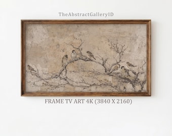 アンティーク調のムーディーな鳥の絵画フレームTVアート｜ニュートラルなジャパンディスズメと侘び寂びの枝｜アースベージュの落ち着いたミニマリストSamsungインスタントダウンロード