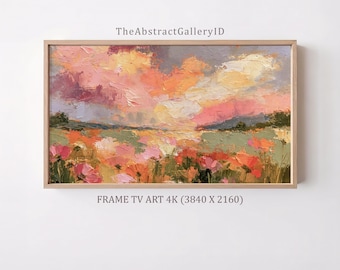 Gouden landschap zonsondergang lijst tv-kunst | Warm Impasto-olieverfschilderij met wilde bloemenweide | Rustiek romantisch pastel hemel Samsung Instant Download