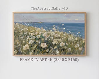 海岸の野花畑のフレームTVアート、ヴィンテージオーシャンビーチハウスの絵画、サムスンフレームTVアート4K、コテージコアシー、デジタルダウンロード