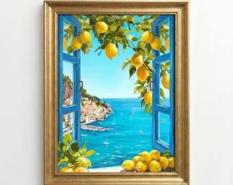 地中海の窓からの眺めを描いた厚塗りのウォールアートプリント｜レモンの木のある海岸の油絵｜イタリアのアマルフィ海岸の印刷可能なデジタルダウンロード