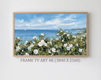 海岸の野花畑のフレームTVアート、ヴィンテージオーシャンビーチハウスの絵画、サムスンフレームTVアート4K、コテージコアシー、デジタルダウンロード