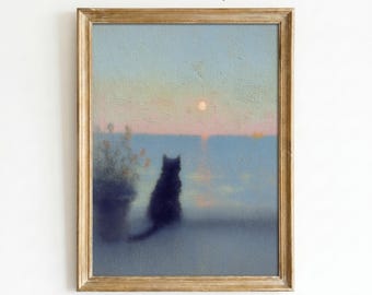 黒猫の夕日シルエットウォールアートプリント｜ミニマルな厚塗りの海の絵画｜夢のような海岸風モダンホームデコレーションプリント（即時ダウンロード可能）
