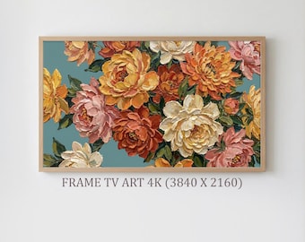 夏の花のフレームTVアート、厚塗り花油絵、鮮やかな牡丹の植物スクリーンセーバー、サムスンフレームTV、デジタルダウンロード