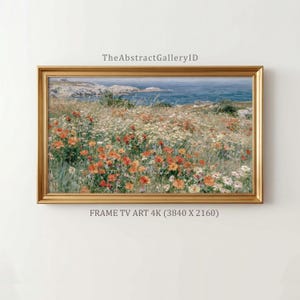 May include: A landscape painting in a gold frame featuring a field of orange and white wildflowers overlooking a blue ocean. The text TheAbstractGalleryID appears above the frame, and FRAME TV ART 4K (3840 X 2160) is printed below.