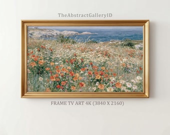 海岸の野花畑の額縁テレビアート | ヴィンテージ風厚塗りポピービーチハウス絵画 | コテージコアサマーインプレッショニスト Samsung 4K ダウンロード