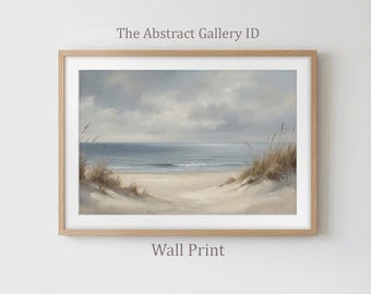 ニュートラルなビーチの砂丘のウォールアートプリント、落ち着いた海岸風景画、シーオーツオーシャンポスター、穏やかな印刷可能なデジタルダウンロード