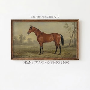 May include: A rectangular framed wall art piece featuring a painting of a brown horse standing in a field with trees in the background. The text TheAbstractGalleryID appears above the frame, and FRAME TV ART 4K (3840 X 2160) is below it.