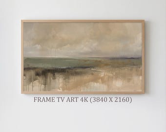 アースグリーンの抽象的なフレームTVアート、侘び寂びのニュートラルな風景スクリーンセーバー、ムーディーなベージュの油絵、サムスンフレームTVアートデジタルダウンロード