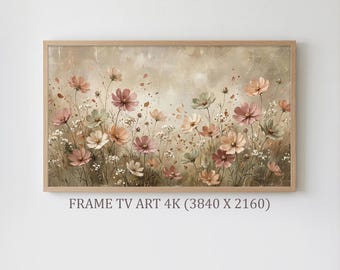 海岸の野花畑のフレームTVアート、ヴィンテージダスティローズ、シャビーシック絵画、サムスンフレームTVアート4K、コテージコア海、デジタルダウンロード