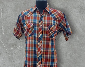 1970's Red Blue Plaid Western Shirt "The Western" by Bellcraft Size M Rodeo Cowboy Ranchwear