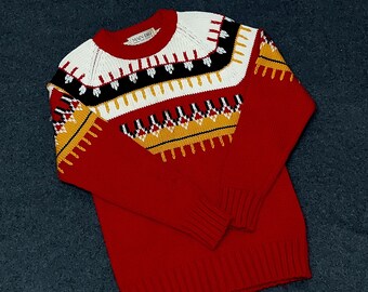 Vintage Red Black Gold Knit Winter Sweater Skiing Christmas Holiday