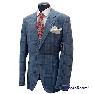 Vintage 1970&#39;s Blue Plaid Sport Coat Size L Mod