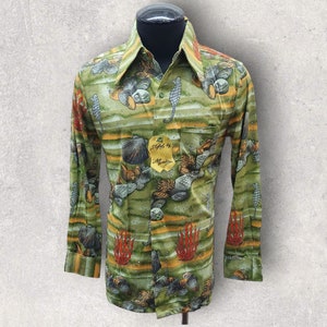 Vintage NOS 1970&#39;s Green Sea Theme Disco Shirt by Martini Size M New with Tags Mod Dance