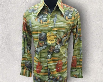 Vintage 70s Martini Disco Shirt: Green Sea Theme, Size M (NOS)