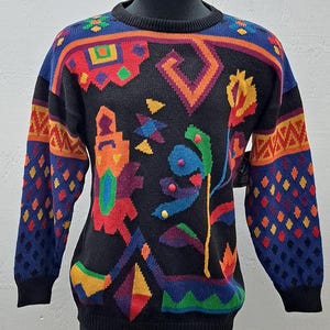 Vintage 1980&#39;s Multicolor Knit Sweater Size L Mod