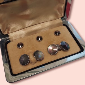 Vintage 1920&#39;s/30&#39;s 5 Piece Abalone Shell Tuxedo Set  Art Deco Dapper Antique Estate