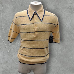 Vintage 1970&#39;s Yellow Knit Pullover Shirt with Blue Trim by Jantzen 100 Size L