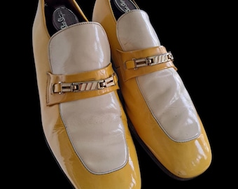 Mocasines Johnston & Murphy de charol en dos tonos amarillo elegante, años 70, talla 8C, Dapper Dandy