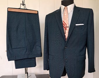 Vintage 1960's 2 Piece Dark Blue Textured 3 Button Suit Size M