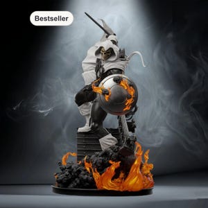 Peut inclure: Statue détaillée d'un personnage en cape blanche à capuche, armure noire et visage de crâne. La figurine tient une épée et un bouclier avec des accents de feu. La base présente des flammes et de la fumée, avec le texte "Bestseller".