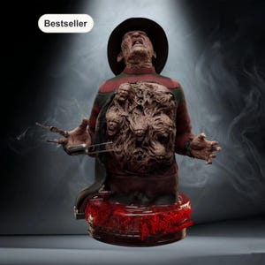 May include: A detailed bust of a horror movie character, featuring a fedora, striped sweater, and bladed glove. The figure has a distressed appearance with a grotesque chest design and sits atop a bloody base. The word "Bestseller" is in the top left corner.