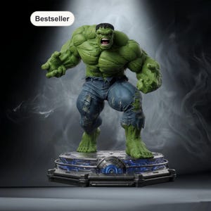 Puede incluir: Una figura verde de Hulk con vaqueros azules rasgados de pie sobre una base detallada. La figura tiene la boca abierta y los brazos extendidos. La palabra "Bestseller" está en un óvalo blanco en la esquina superior izquierda.
