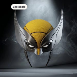May include: A silver and yellow Wolverine mask with a yellow basketball as the head. The mask has pointed ears and white eyes. The word "Bestseller" is in a white oval in the upper left corner.