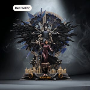 May include: A detailed statue featuring characters from "Doctor Strange in the Multiverse of Madness." The statue depicts a central figure with multiple arms, surrounded by other characters and a complex background. The base is adorned with candles and the movie title.