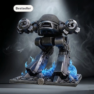 Op de afbeelding: Een gedetailleerde, donkergrijze robotfiguur met een koepelvormig hoofd en meerdere mechanische armen. De robot staat op een rechthoekige basis met blauwe vlamaccenten. Het woord "Bestseller" staat in een witte ovaal.