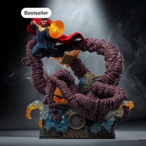 May include: A detailed statue of Doctor Strange in a dynamic pose, battling a multi-tentacled creature. The figure is clad in a blue and gold costume with a red cape. The base features the Doctor Strange logo and text.