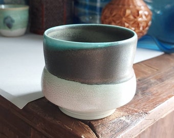Handmade Tea Bowl, Studio Pottery, Stoneware, Wheel Thrown, Tuquoise Lip, Dark Grey, White, Signed, Perfect, Vintage, Sweet Gift