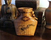 Antique Ikebana Vase, Japanese Bamboo, Wall Vase, Grasshopper Motif, Porcelain Liner,Very Rare Suiban, Very Good Condition,