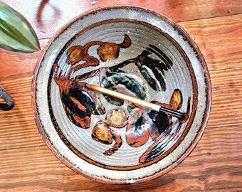 Mid Century Bowl Studio Pottery Medium Size, Deep Red Leaves on Tan Base,by Master Potter Floyd Kemp, Michigan, Very Good Condition.