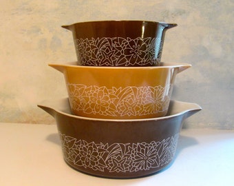 Rare Pyrex Bowl Set, Woodland Brown and Caramel, Hot Cassarole, Like New, Vintage, Great Gift, Perfect for Fall