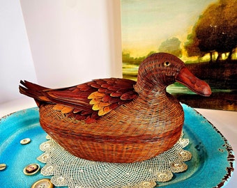 Antique Chinese Duck Basket, 1960s, by Shanghei Handicrafts, Incredible Detail, Top Opens, Very Collectible, Farmhouse, Asian, Lodge