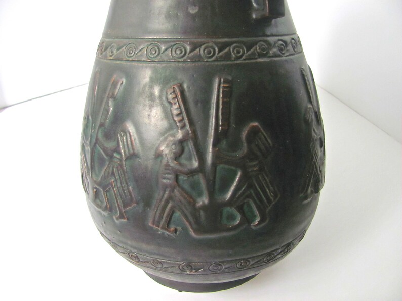 Ceramonial Motif Ceramonial Dancers Norse Pottery Excellent Bronze Metallic Glaze Vintage Vase Blue Green Patina Ceramic Pot