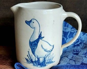 Charming Vintage Pottery  Pitcher,  Hand Painted Duck in Blue and White, Studio Pottery, Gravy Pitcher, Child's Pitcher, Cream Pitcher, Gift