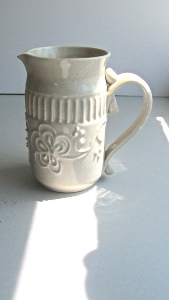 Vintage Studio Pottery Porcelain Pitcher Slip Decorated Delicate White Floral Signed By Kirin